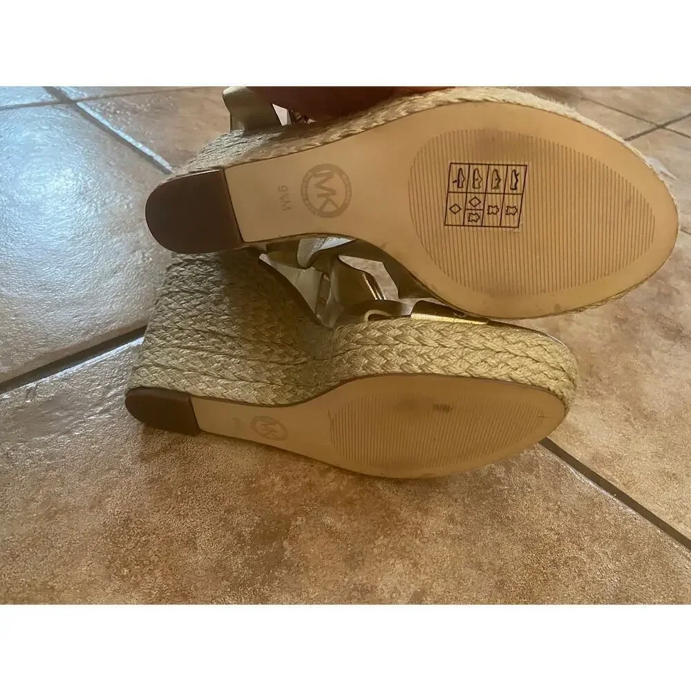 MICHAEL KORS Metallic Gold Leather Ankle Strap Espadrille Wedge Sandal 9.5M